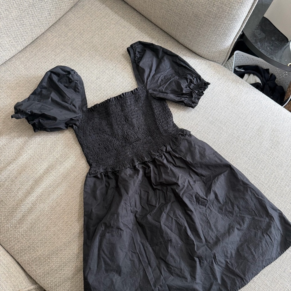 French Connection Black Smocked Puff-Sleeve Dress- 100% Cotton - Picture 3 of 10